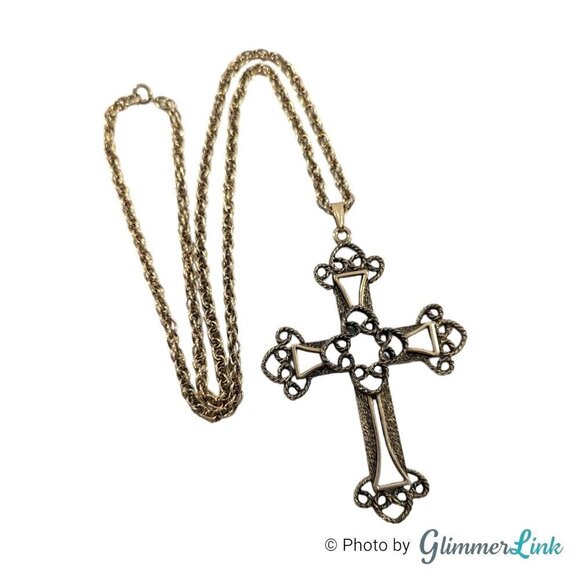 Vintage Sarah Cov Limited Edition Victorian Cross Filigree Gold Tone Necklace - Picture 1 of 11
